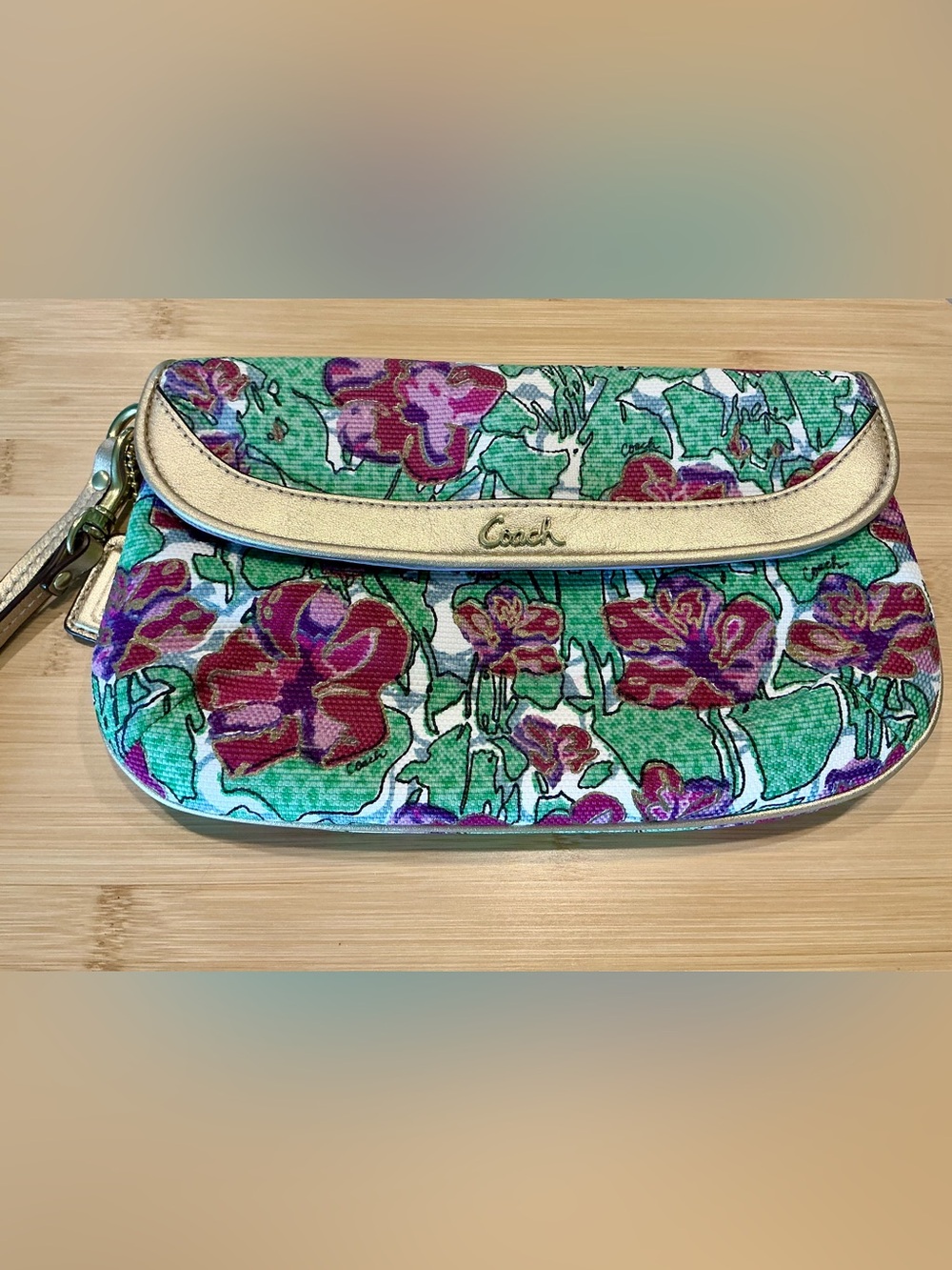 Coach Ashley Iris Floral Envelope Wristlet With Gold Leather Trim Style F44748